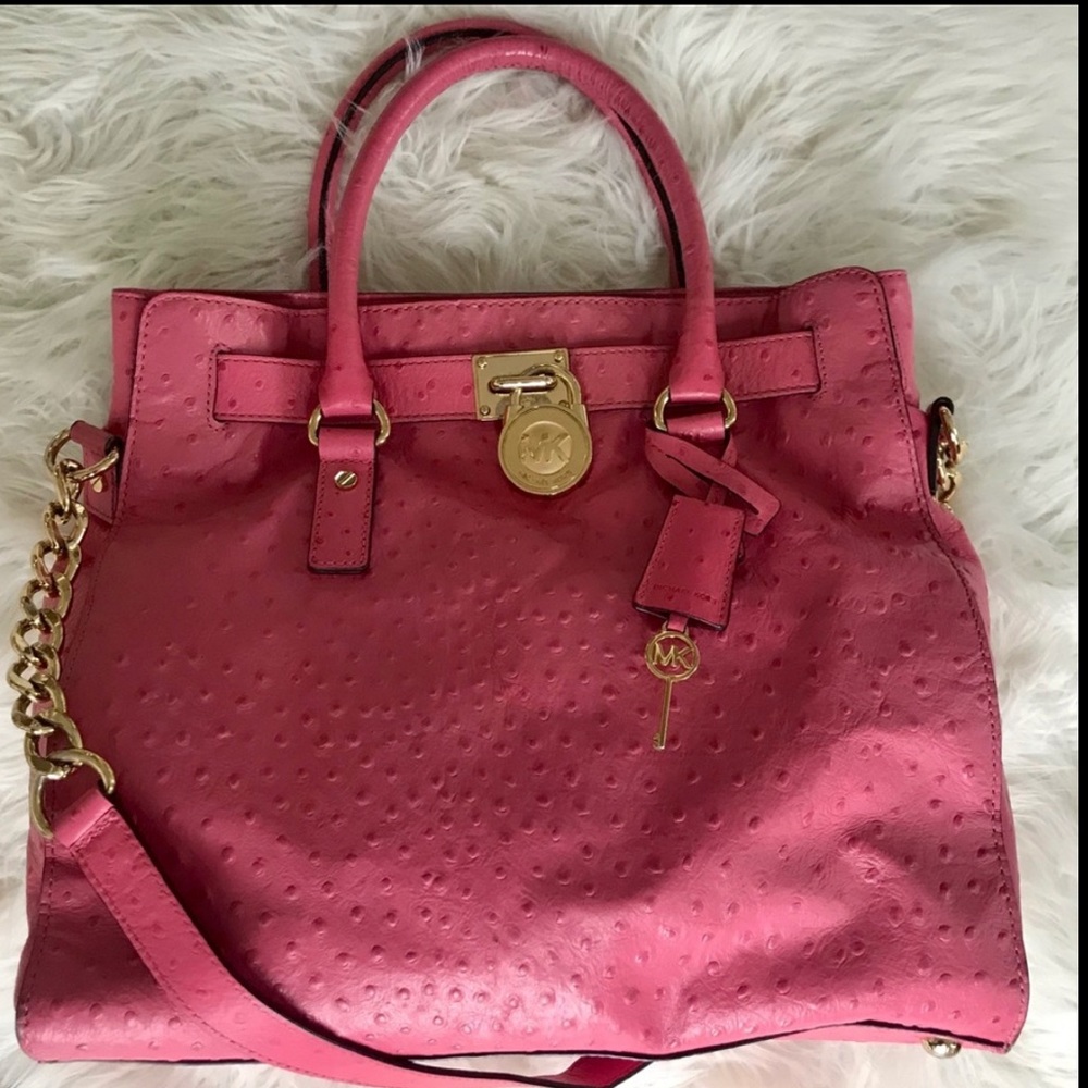 Michael Kors Pink Ostrich~Embossed Leather Hamilton Tote